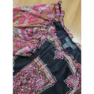 Boho Paisley Floral Puff Sleeve Blouse Pink Black Gypsy Romantic Top Sz L EUC